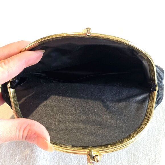 Vtg Nipon Black Micro Mini Clutch Coin Purse Mirror Gold Clam Ribbed 40s Minimal - Picture 8 of 9